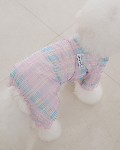ピンクチェックのBIMEEドッグウェアを着た犬（横）