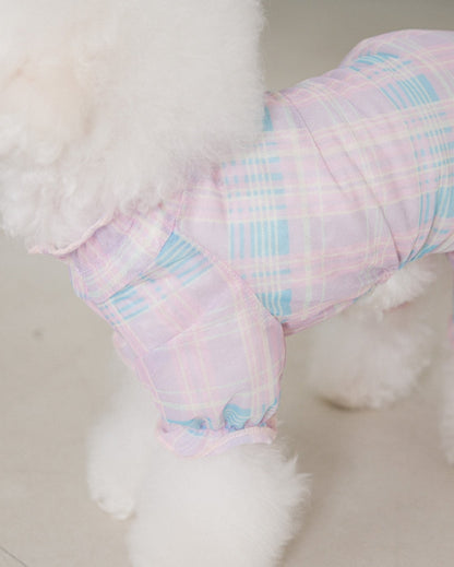 ピンクチェックのBIMEEドッグウェアを着た犬（横）