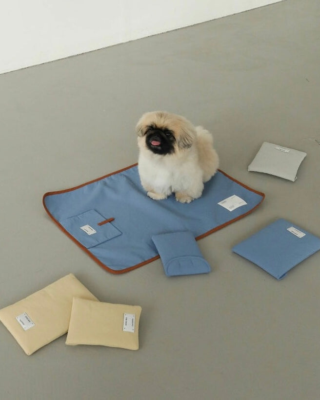 青いBIMEEピクニックマットと犬、保冷ポーチ