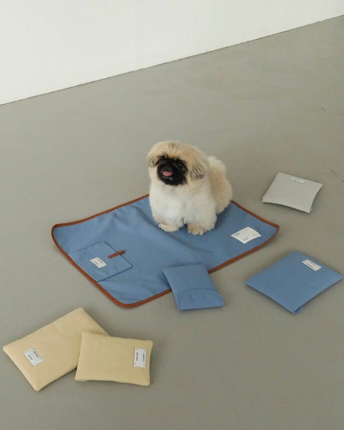 青いBIMEEピクニックマットと犬、保冷ポーチ
